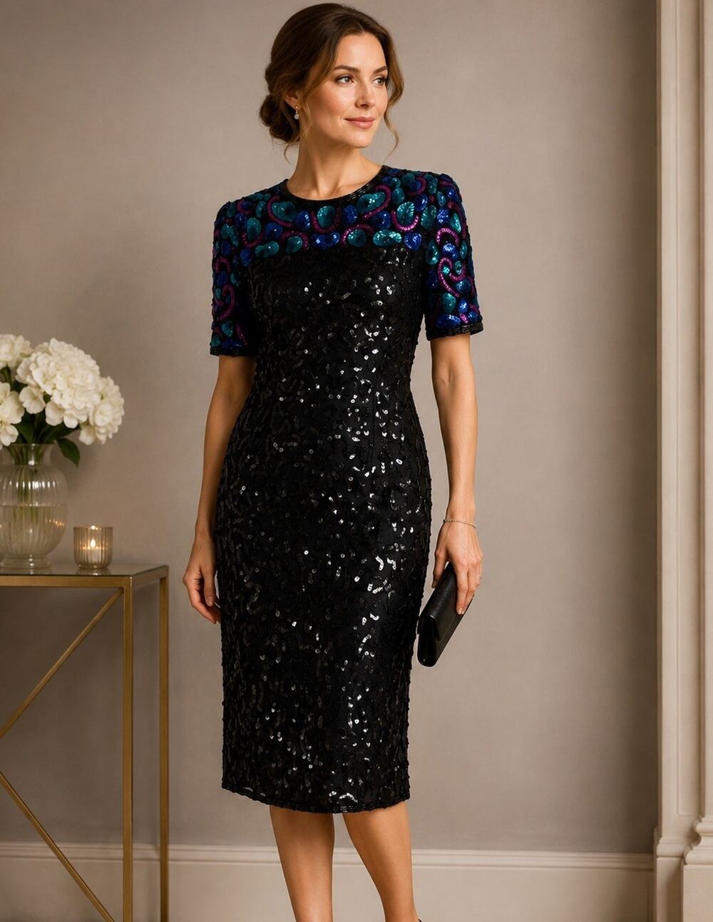 Vintage Lawrence Kazar Silk Sequin Dress Women Small Beaded Cocktail Elegant NWT